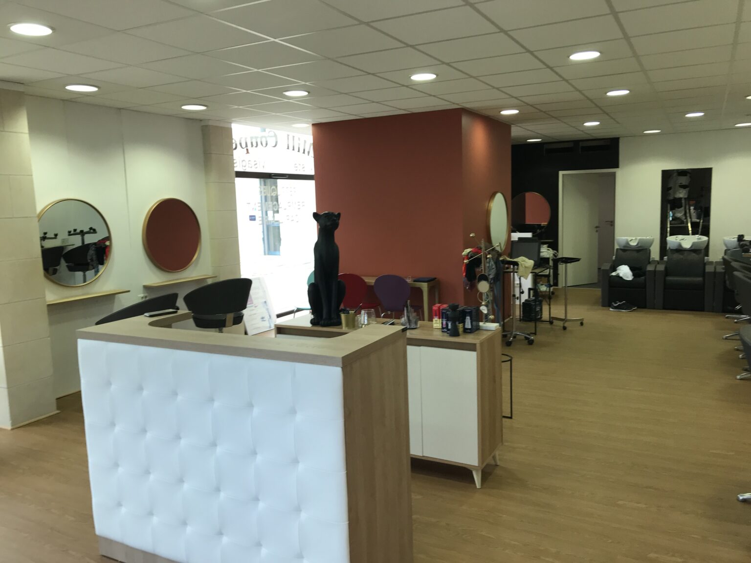 Réalisation peinture Terracotta et revêtement de sol LVT en lame plombante trafic intense de chez GERFLOR pour un salon de coiffure à AVOINE.